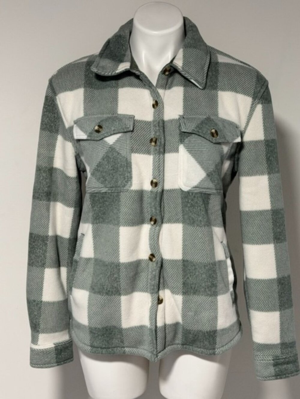 SAGE GREEN AND WHITE PLAID BUTTON DOWN FLEECE JACKET/SHIRT XS